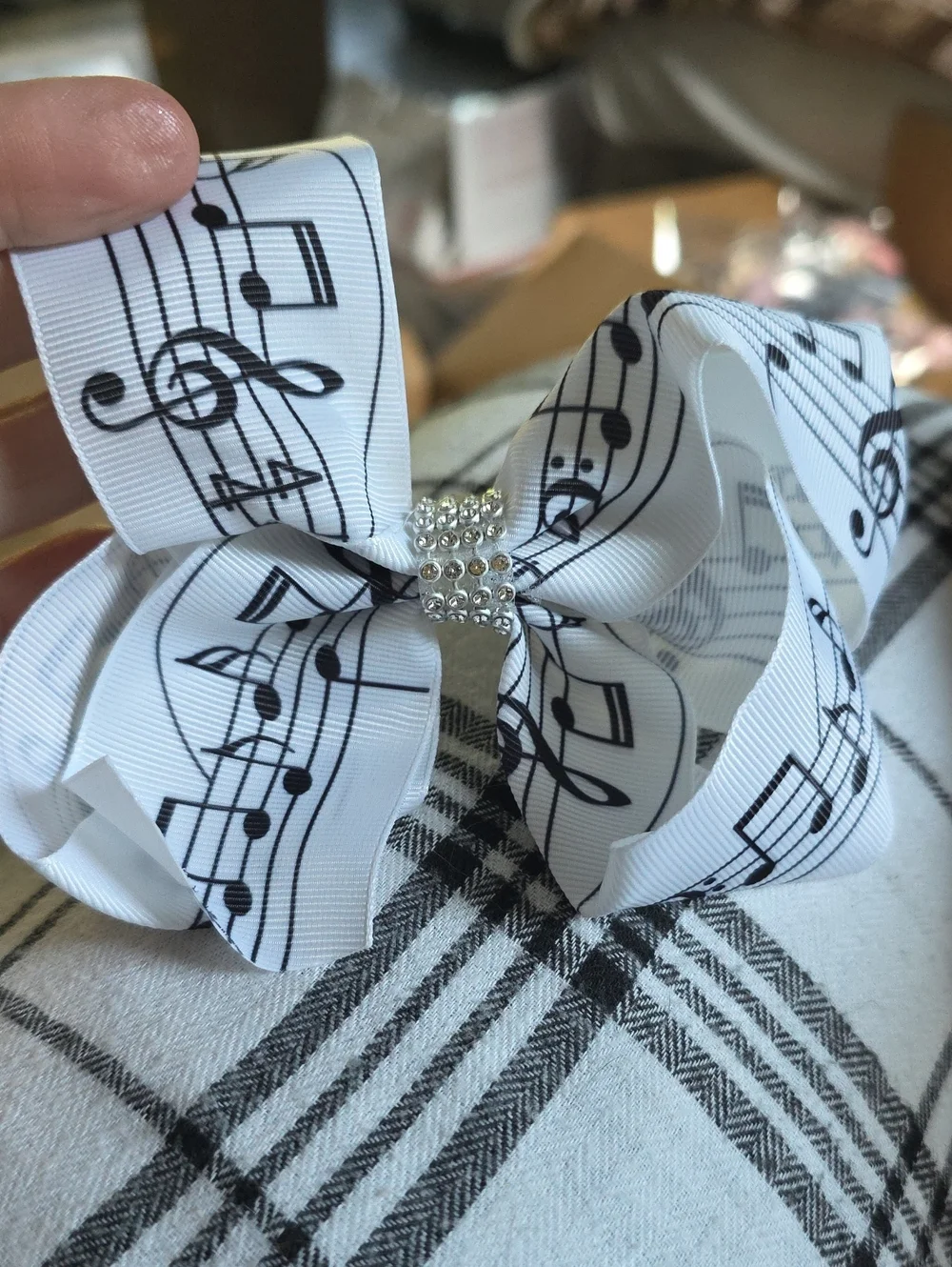 White Musical Notes Hair Bow with Rhinestone Center